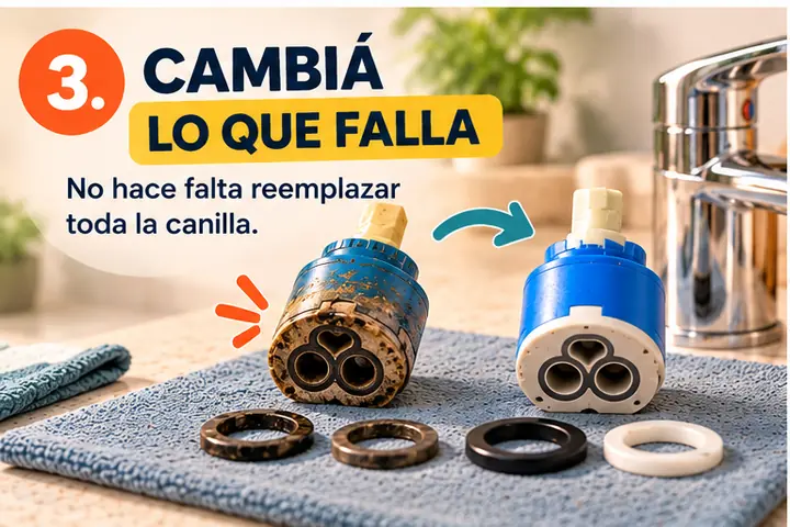 Piezas de una canilla que pueden revisarse para solucionar una pérdida