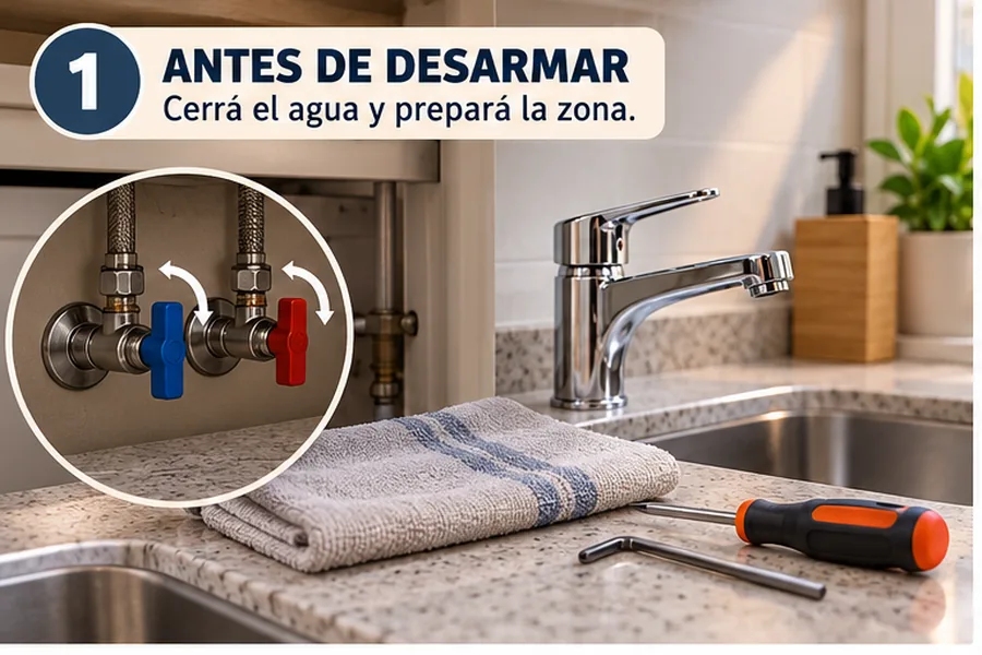 Preparar una canilla monocomando antes de desarmarla y cerrar el paso de agua