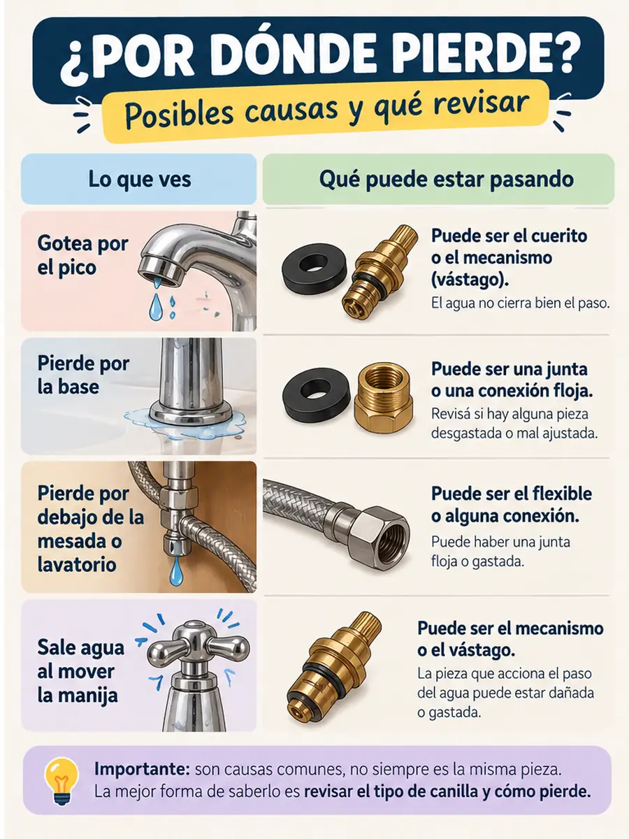 Comparativa de posibles causas según el lugar donde pierde agua una canilla
