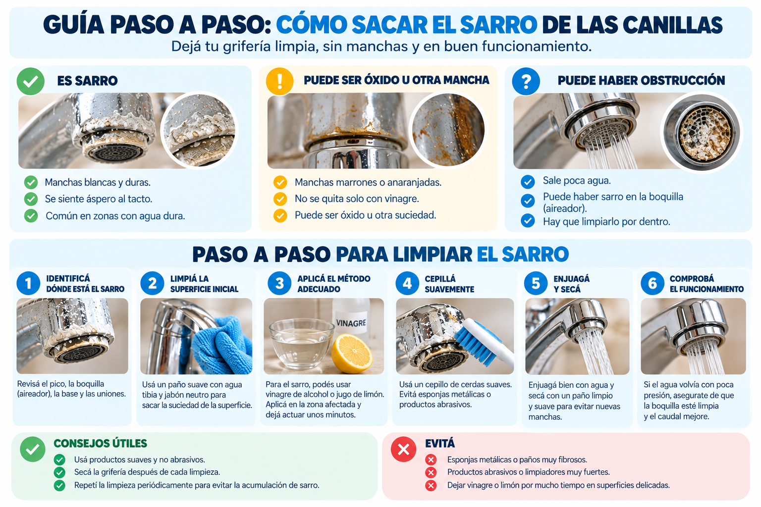 Pasos para limpiar el sarro de una canilla y su boquilla