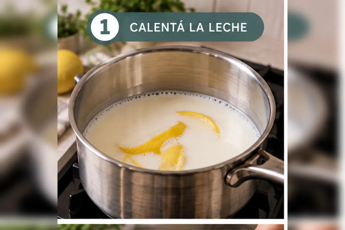 Leche con cáscara de limón calentándose para preparar crema pastelera