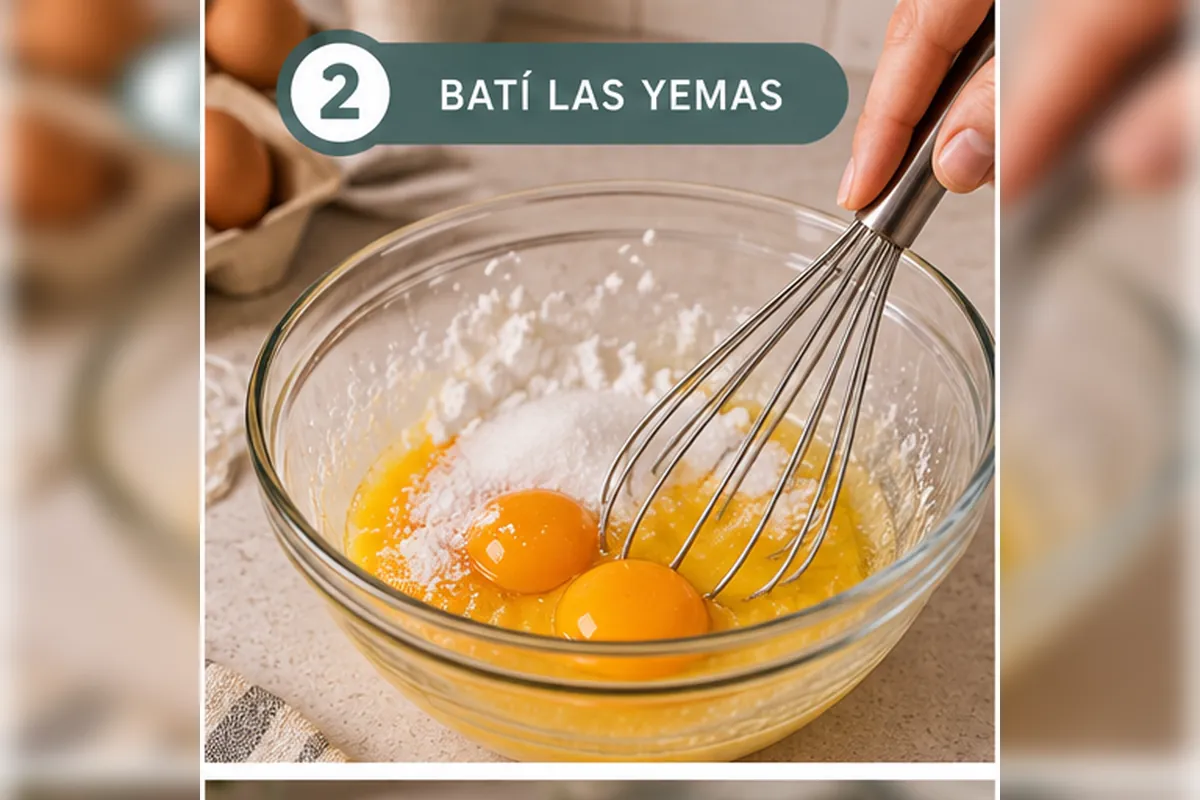 Yemas de huevo batiéndose con azúcar para preparar crema pastelera