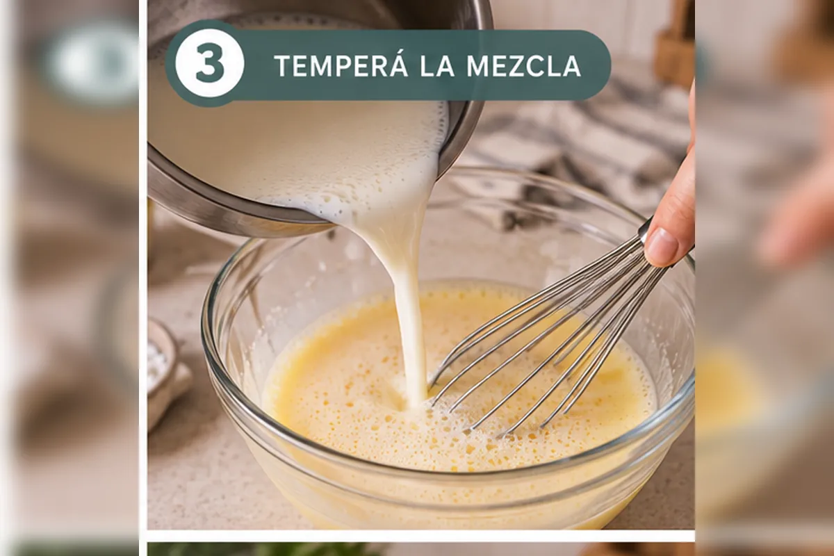 Leche caliente incorporándose de a poco a las yemas para temperar la mezcla