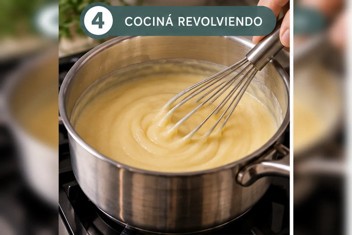 Crema pastelera cocinándose y espesando mientras se revuelve