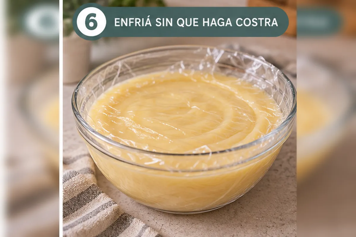 Crema pastelera cubierta con film en contacto directo para evitar que forme costra
