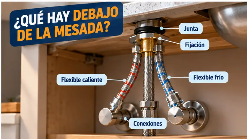 Partes de una canilla monocomando debajo de la mesada con flexibles y conexiones