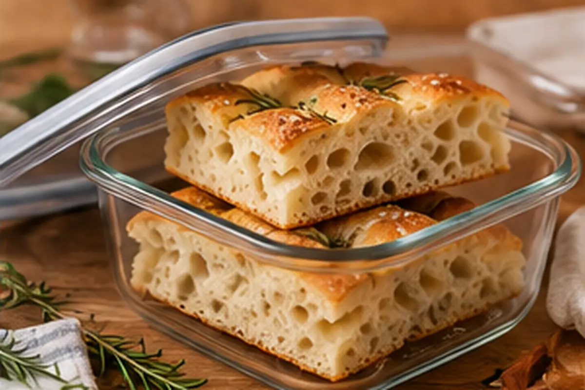 Focaccia casera en un recipiente hermético para conservar