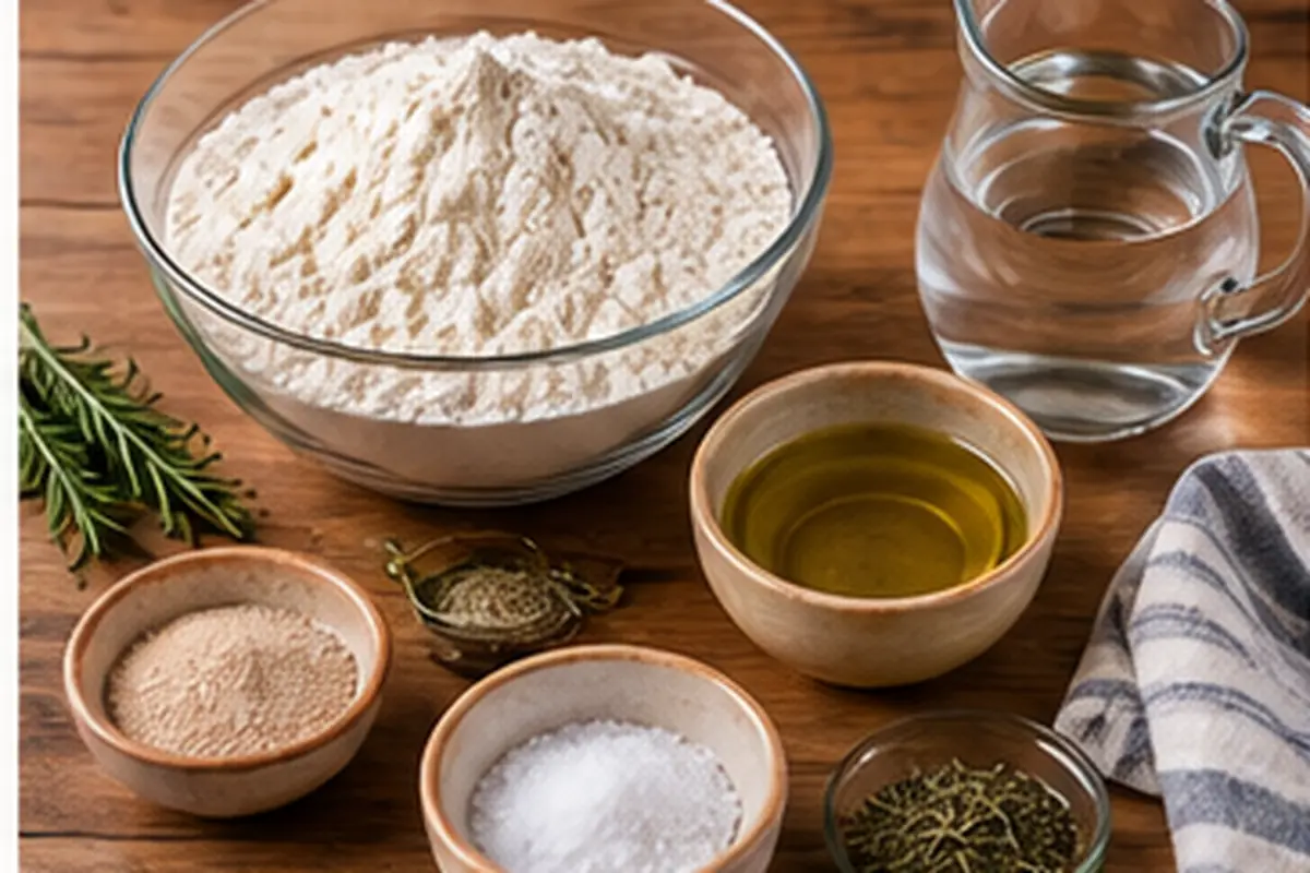 Ingredientes para hacer focaccia casera: harina, agua, levadura, aceite de oliva, sal y romero
