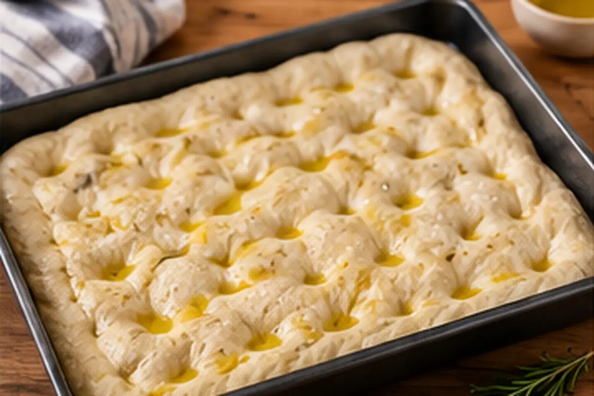 Masa de focaccia estirada en la fuente, lista para reposar y condimentar