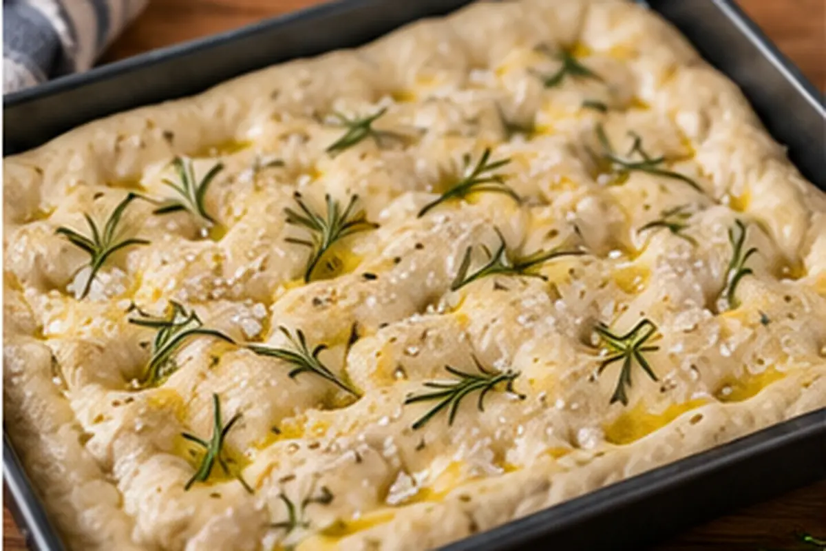 Focaccia condimentada con aceite de oliva, romero y sal gruesa