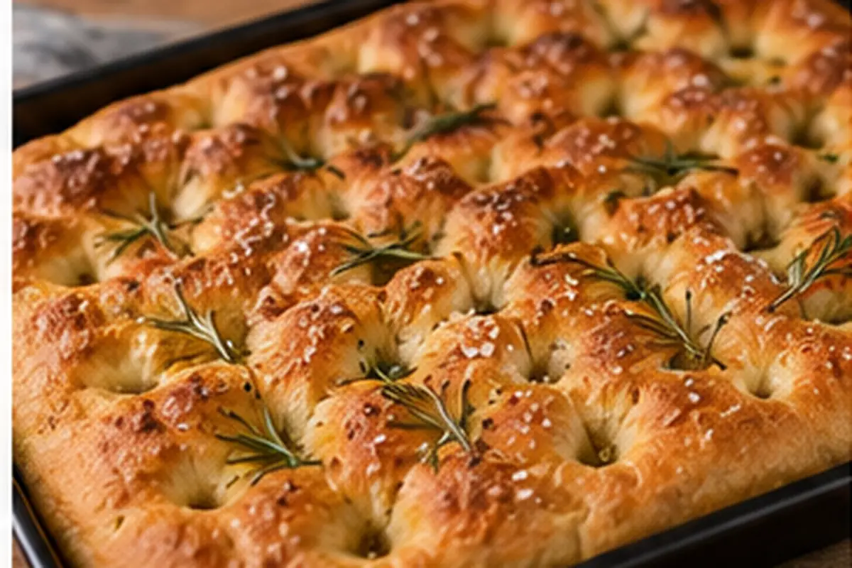 Focaccia recién horneada, dorada y aromática