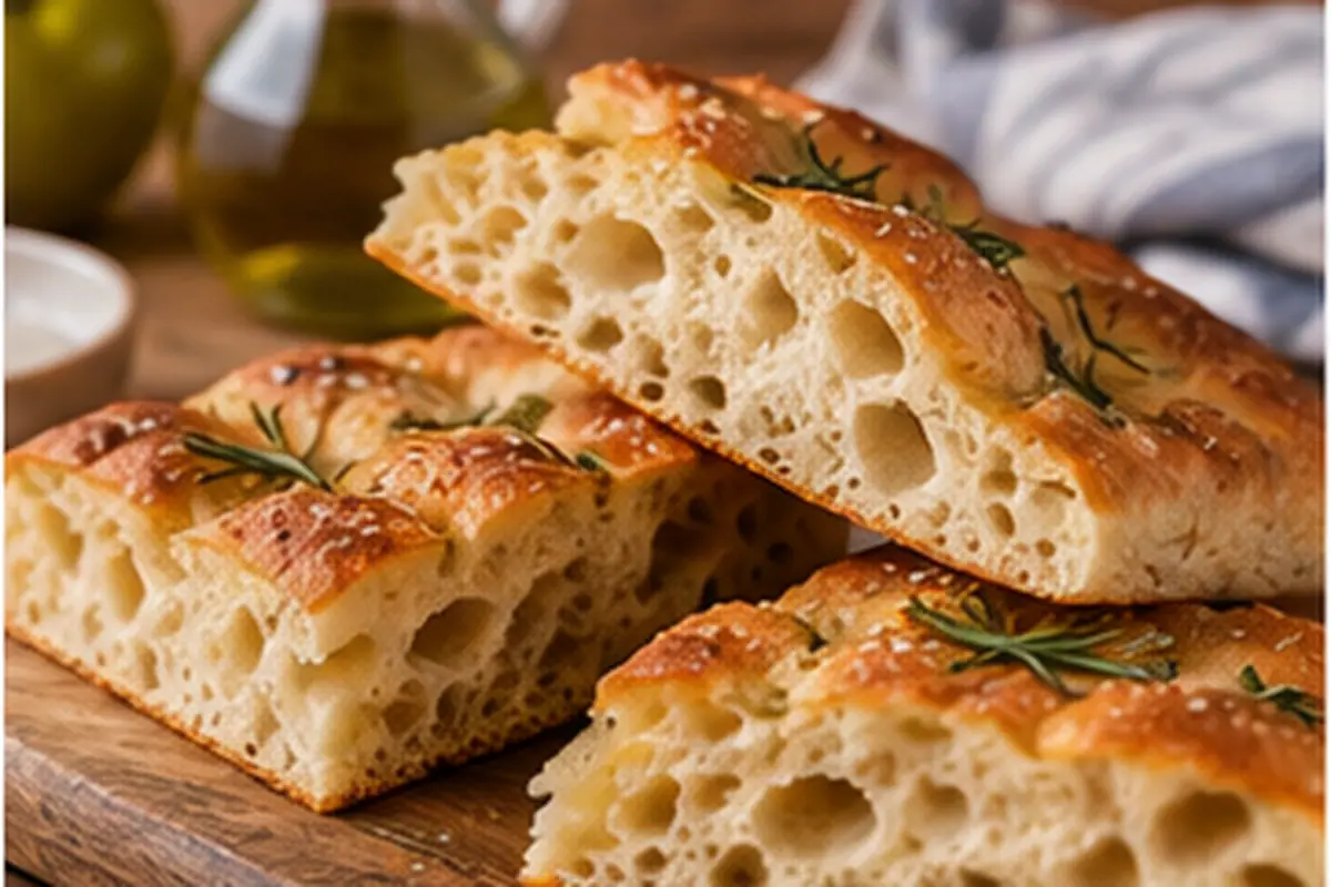 Porción de focaccia casera con miga esponjosa