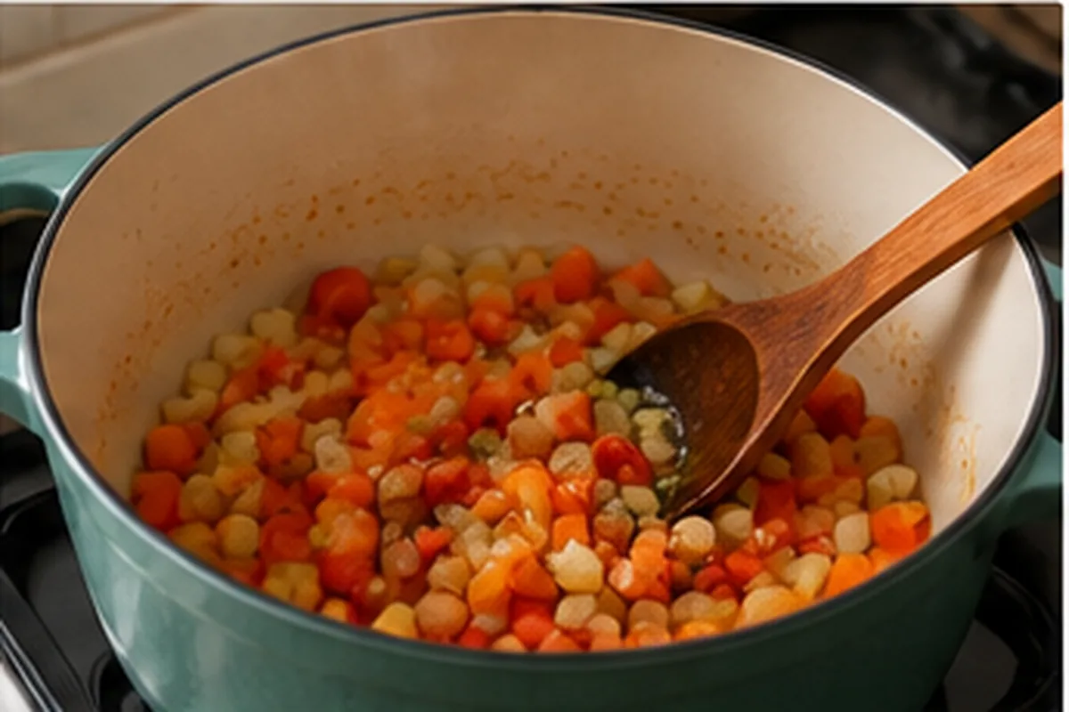 Sofrito de cebolla, zanahoria y morrón para guiso de lentejas