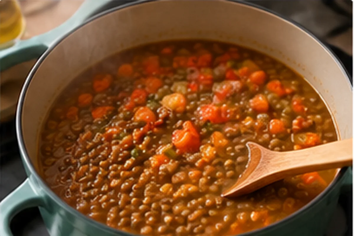 Lentejas cocinándose en una olla con verduras