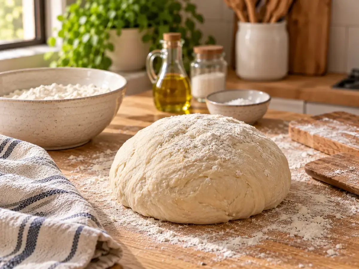 Masa de pan casero durante el amasado