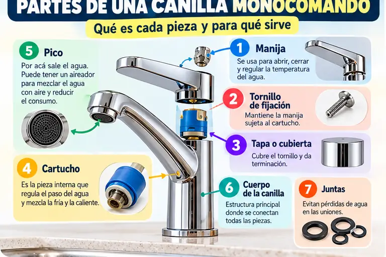 Partes de una canilla monocomando y sus principales componentes