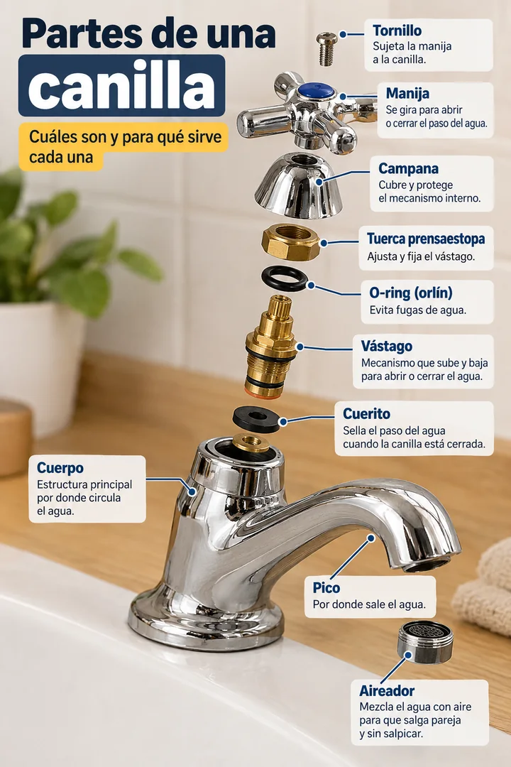 Infografía con las partes principales de una canilla