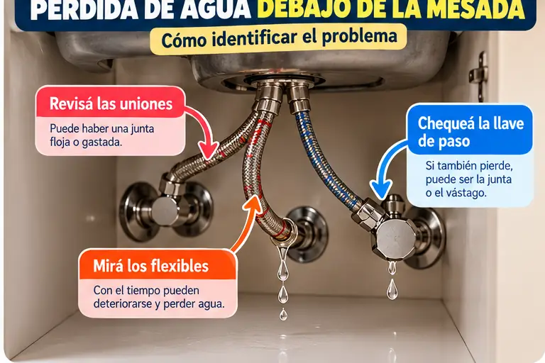 Pérdida de agua en las conexiones de una canilla debajo de la mesada