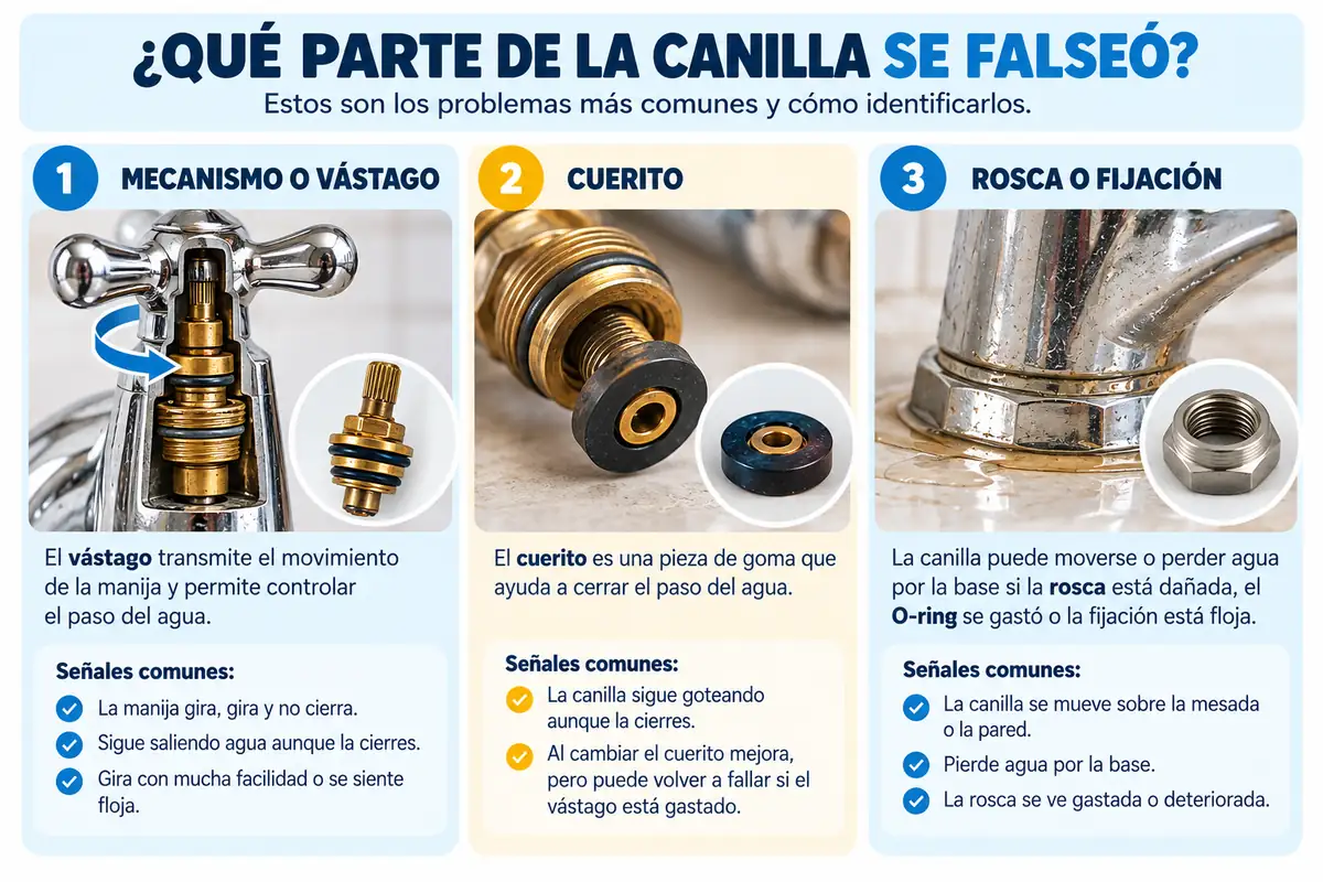 Comparativa de mecanismo, cuerito y rosca de una canilla falseada
