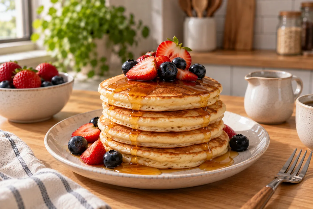 Receta de hot cakes fáciles y esponjosos Hot cakes caseros con frutas y miel