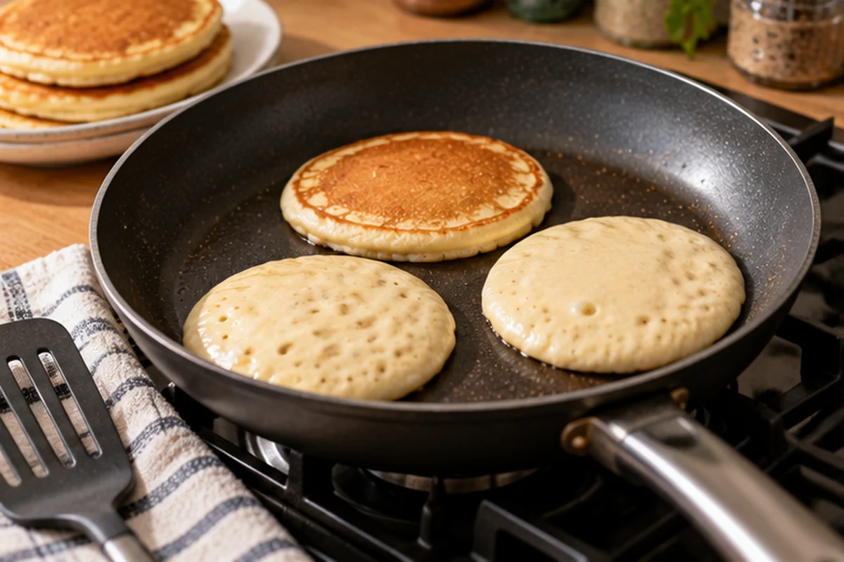 Receta de hot cakes fáciles y esponjosos Hot cakes caseros cocinándose en sartén