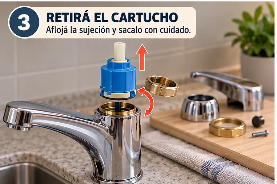 Retirar el cartucho de una canilla monocomando después de quitar la pieza de sujeción