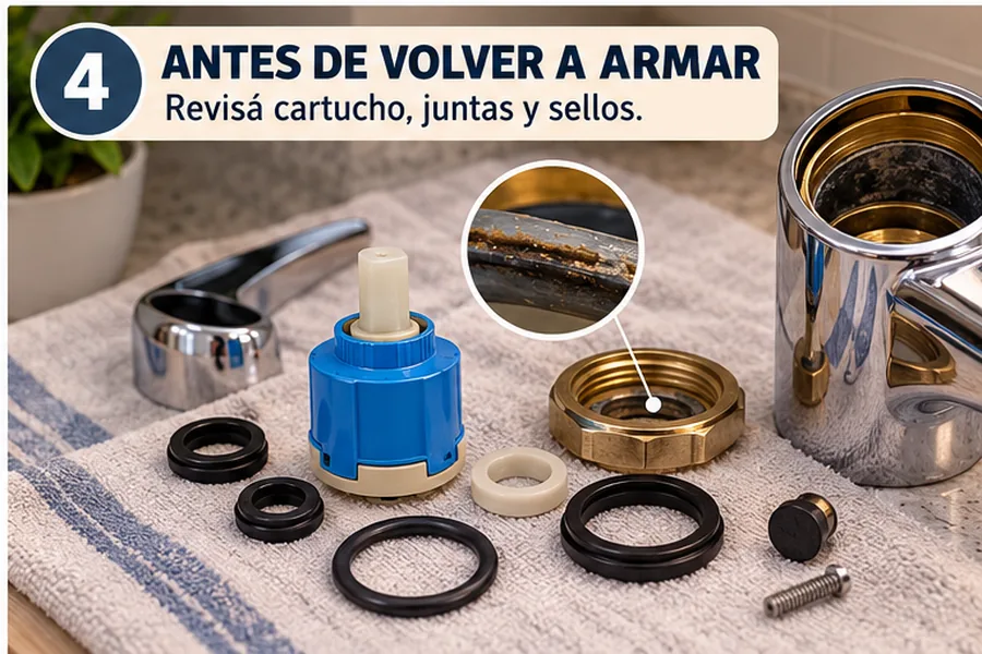 Revisar el cartucho, las juntas y los sellos de una canilla monocomando desarmada