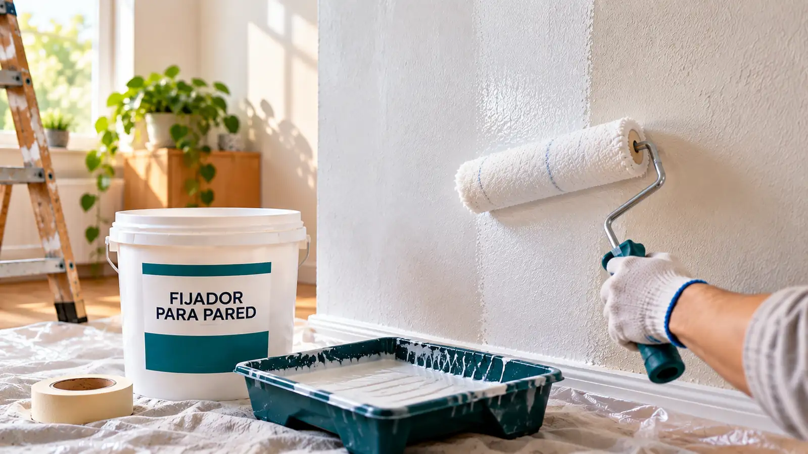 Aplicación de fijador para pared con rodillo antes de pintar